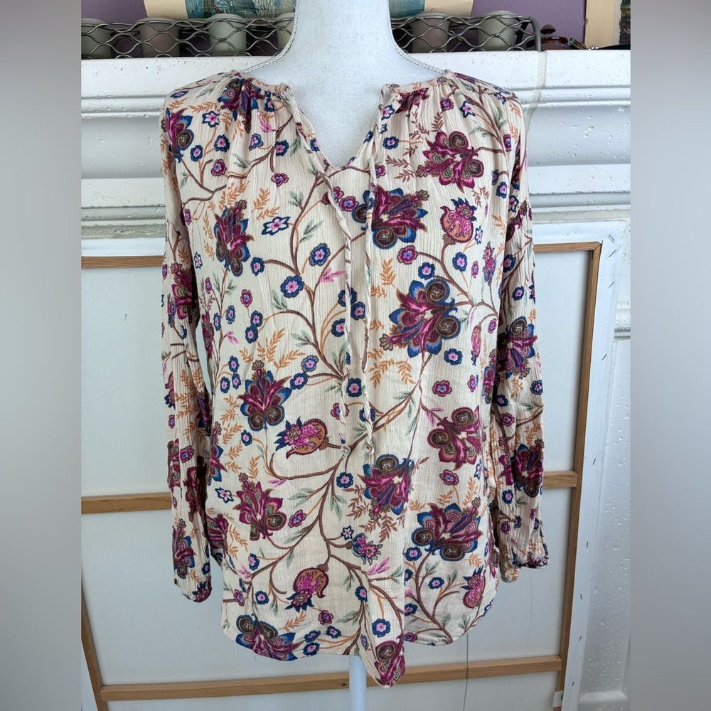 Chaps Ralph Lauren Europe Prairie Western Floral Blouse w/tie neck, oversized